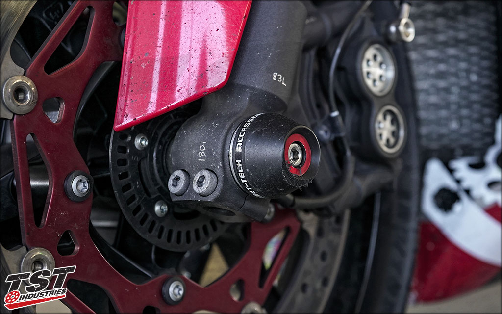 The Womet-Tech Fork Slider protected the brake rotor, caliper, and fork bottom during a low-side at Daytona Speedway.